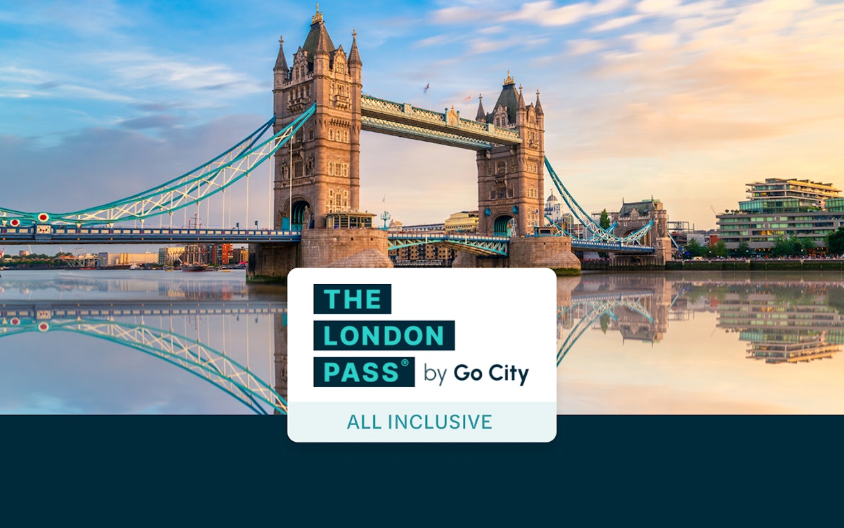 Tower Bridge in London with The London Pass logo.