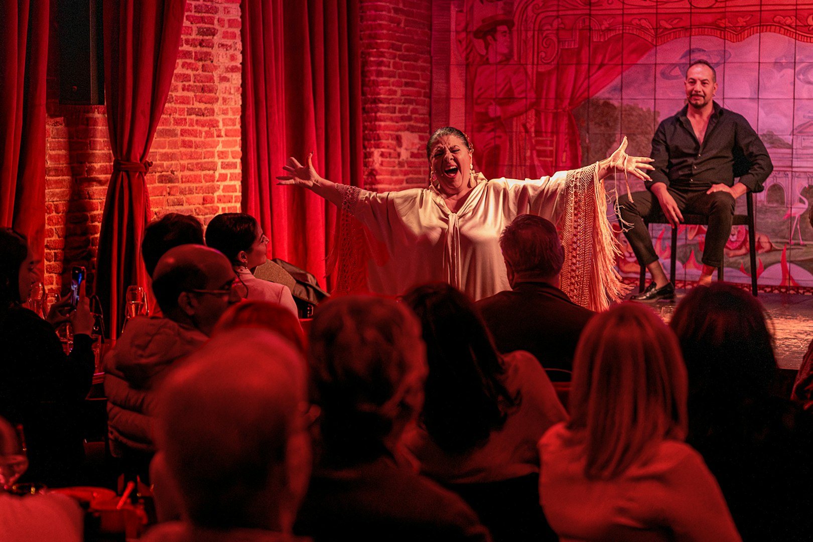 Flamenco performer passionately singing on stage at Flamenco De Leones Show, audience watching.