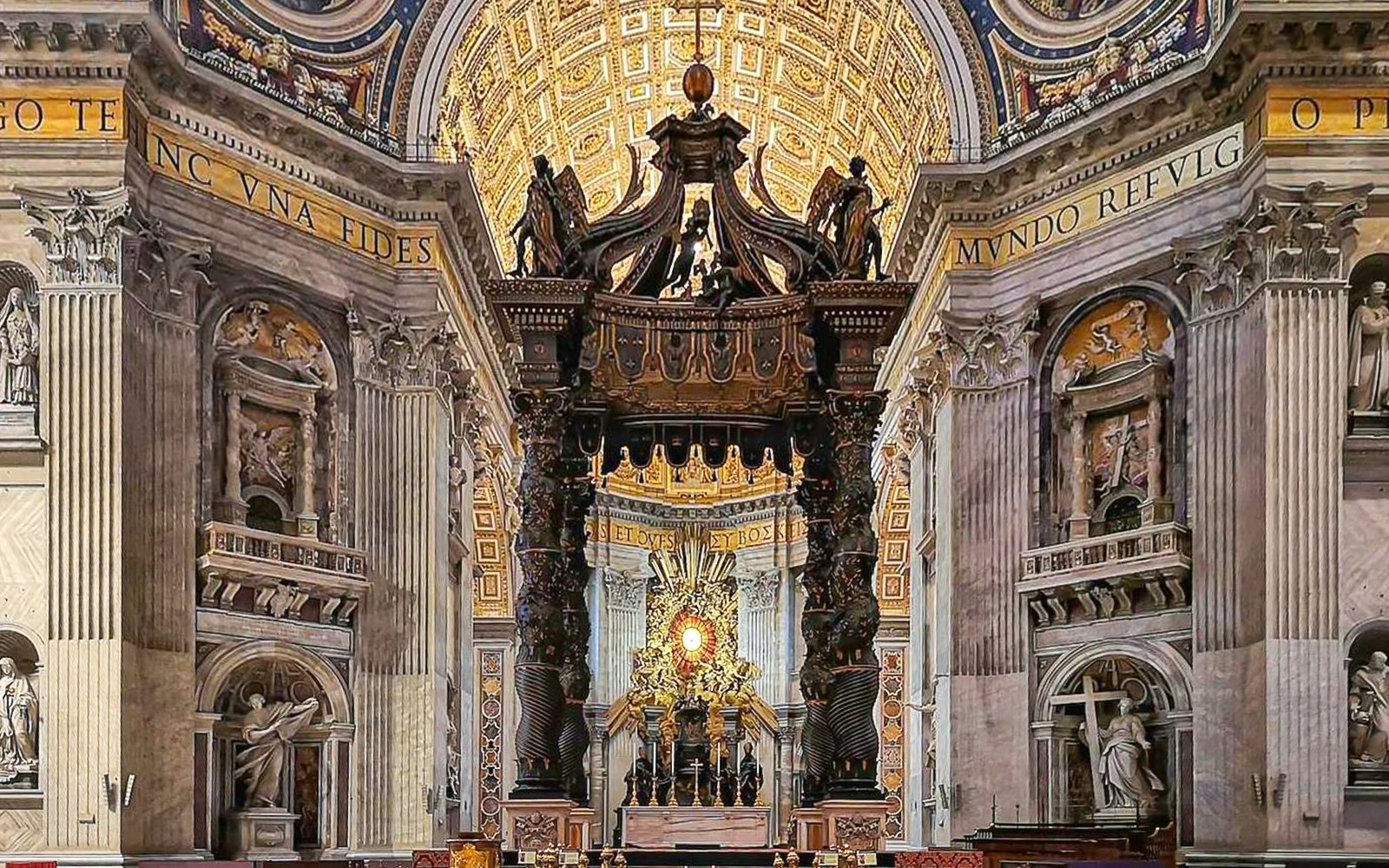 Bernini's Baldacchino inside St Peter's Basilica, Rome, with ornate columns and detailed ceiling.