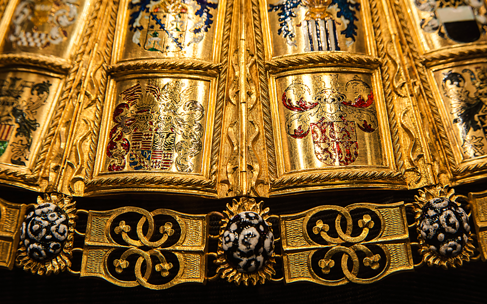 Golden ornate details of a ceremonial robe at the Imperial Treasury, Vienna.