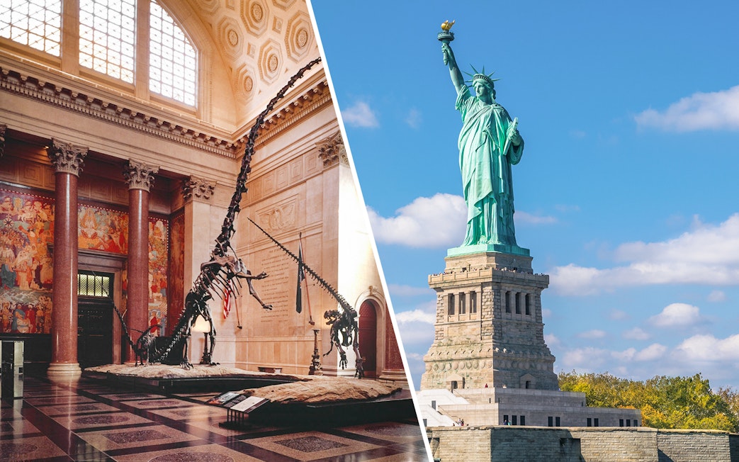 American Museum of Natural History dinosaur exhibit and Statue of Liberty in New York City.