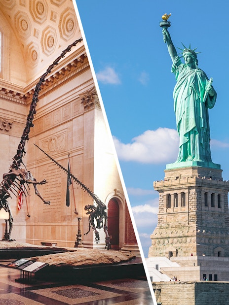 American Museum of Natural History dinosaur exhibit and Statue of Liberty in New York City.