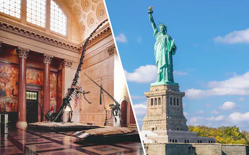 American Museum of Natural History dinosaur exhibit and Statue of Liberty in New York City.