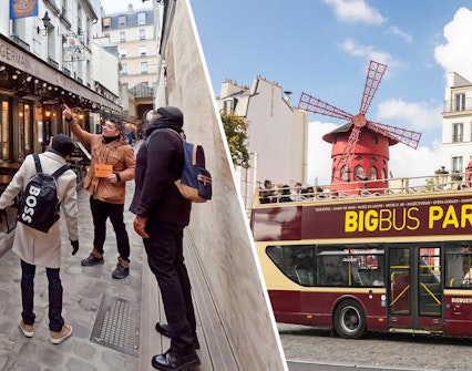 Guided tour in Paris street and Big Bus passing Moulin Rouge.