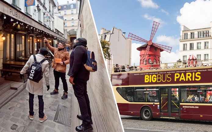 Guided tour in Paris street and Big Bus passing Moulin Rouge.