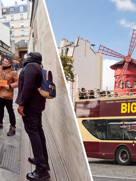 Guided tour in Paris street and Big Bus passing Moulin Rouge.