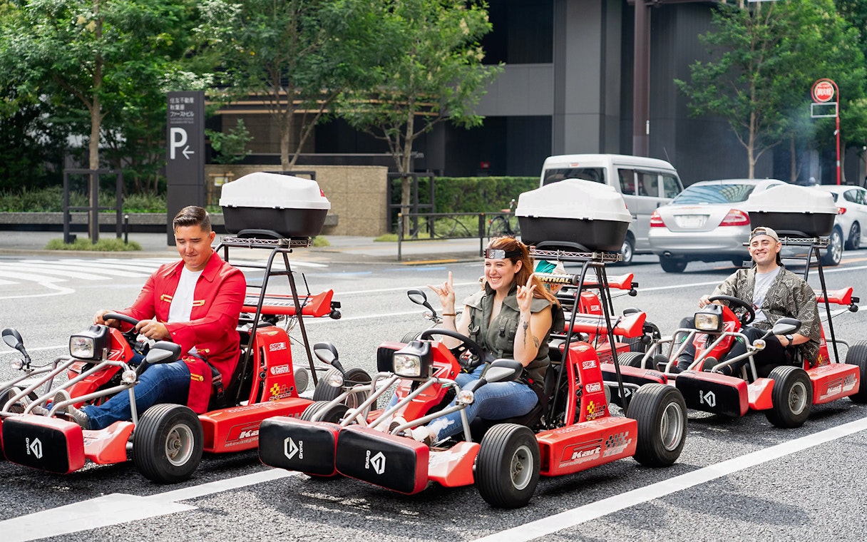 People enjoying Akihabara GoKart Experience on Tokyo streets.