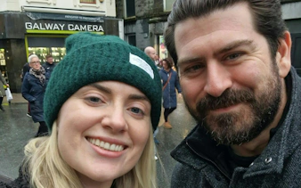 Selfie in front of Galway Camera shop during Galway Murder Mystery city exploration game.