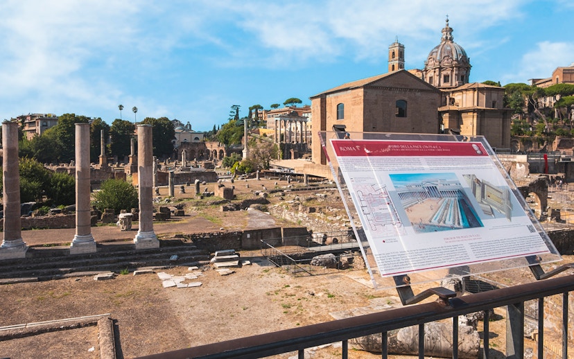 Roman Forum ruins with informational sign, Rome: Colosseum, Palatine Hill & Roman Forum Guided Tour.