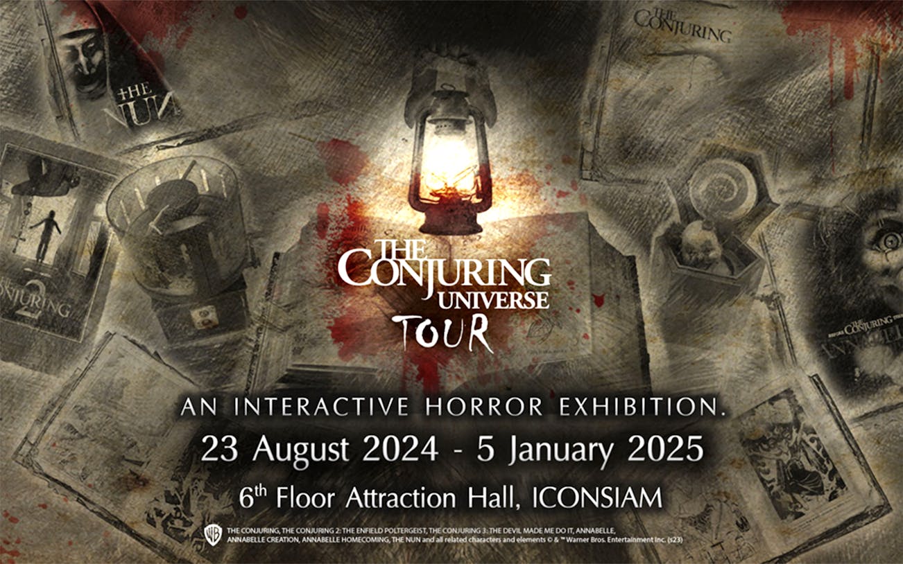 Conjuring Universe Tour poster with lantern and horror elements, Thailand exhibition dates.