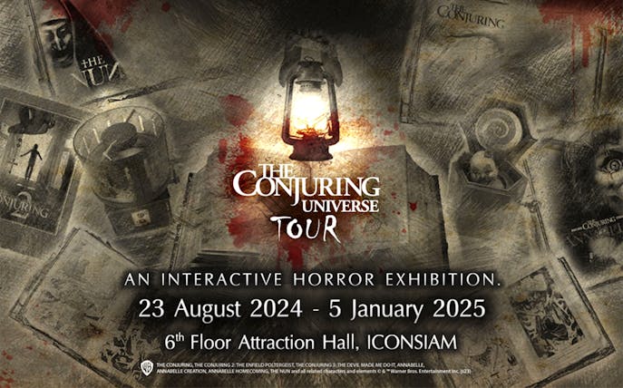 Conjuring Universe Tour poster with lantern and horror elements, Thailand exhibition dates.