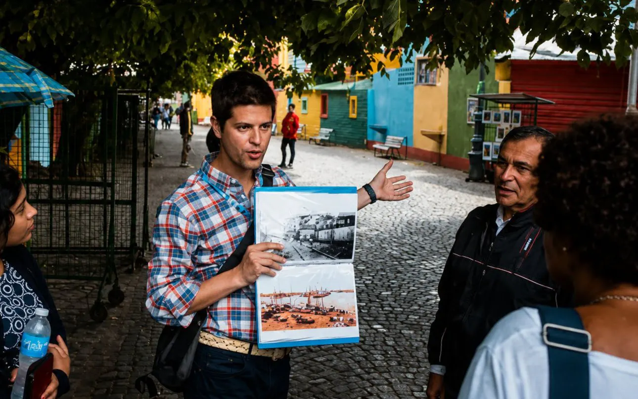 Tour guide explaining La Boca's history in Buenos Aires with photos.
