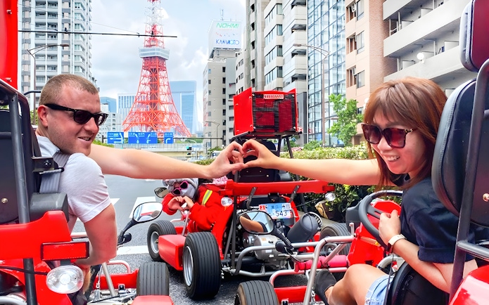 Participants go-karting near Tokyo Tower at Tokyo Bay.