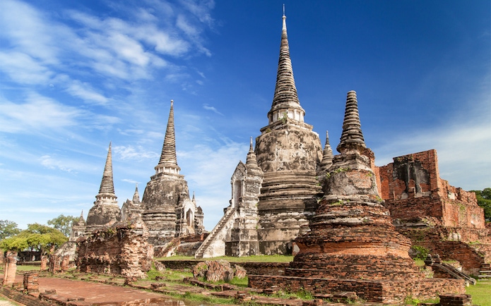 Wat Phra Si Sanphet ancient temple ruins with chedis in Ayutthaya, Thailand.