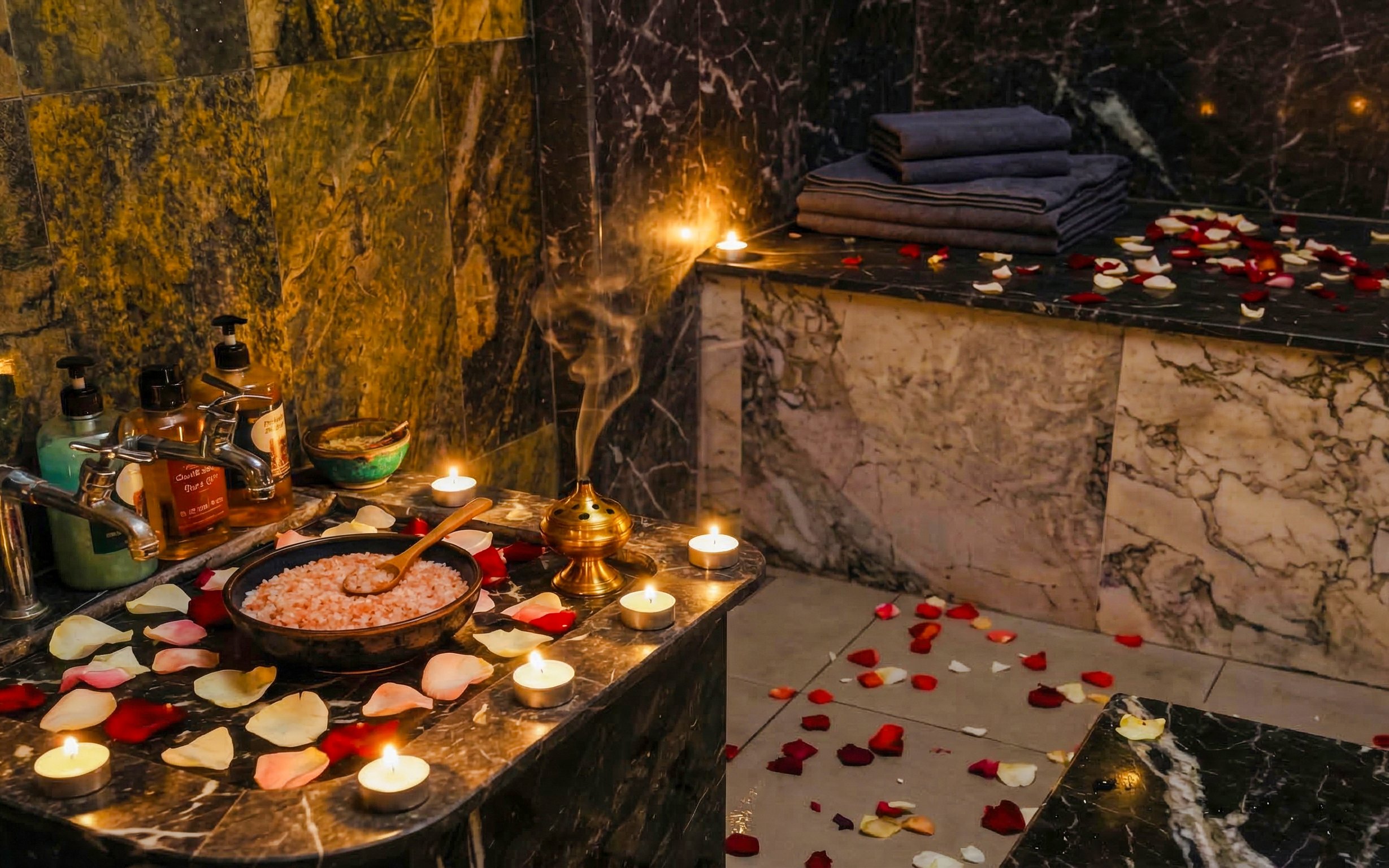 Traditional Moroccan hammam with rose petals, candles, and massage oils.