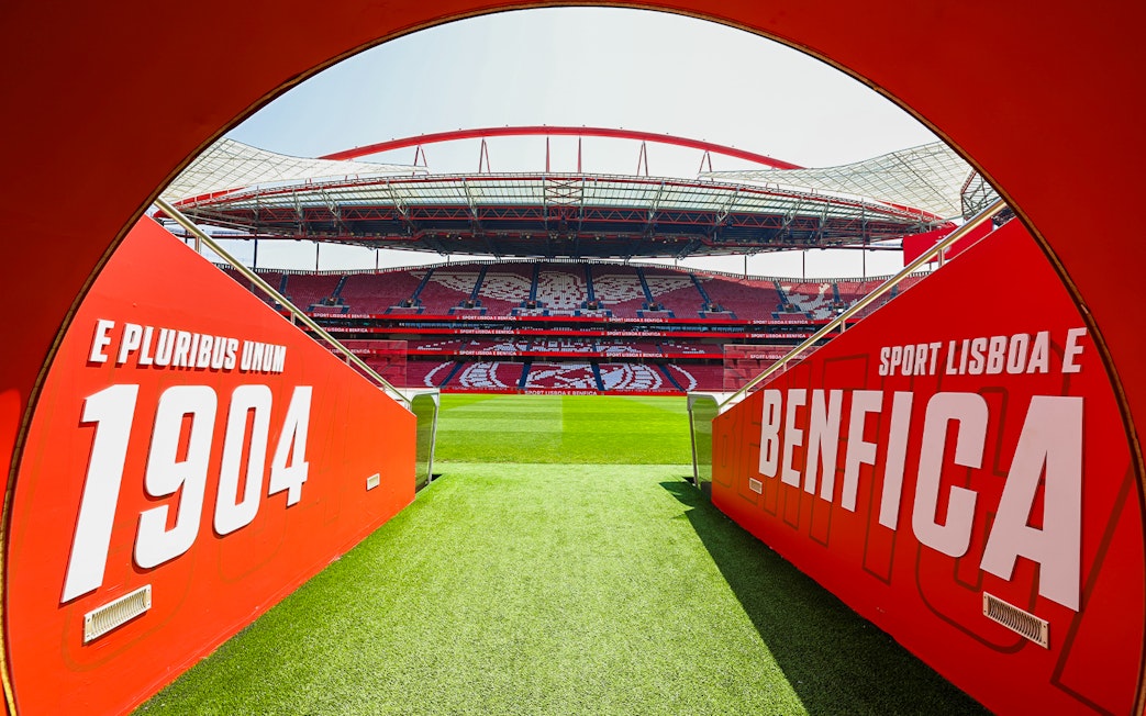 Benfica Stadium player entrance with view of the field and stands in Lisbon, Portugal.