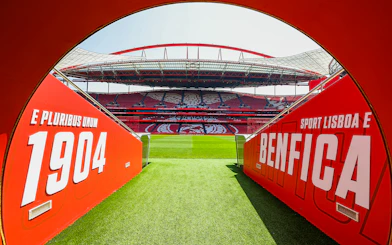 Benfica Stadium player entrance with view of the field and stands in Lisbon, Portugal.