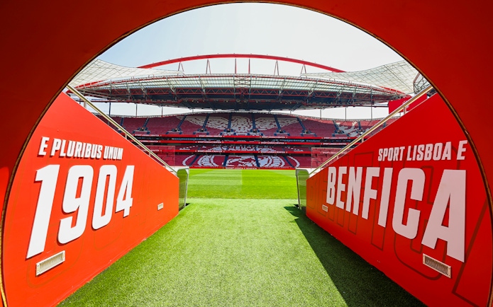 Benfica Stadium player entrance with view of the field and stands in Lisbon, Portugal.