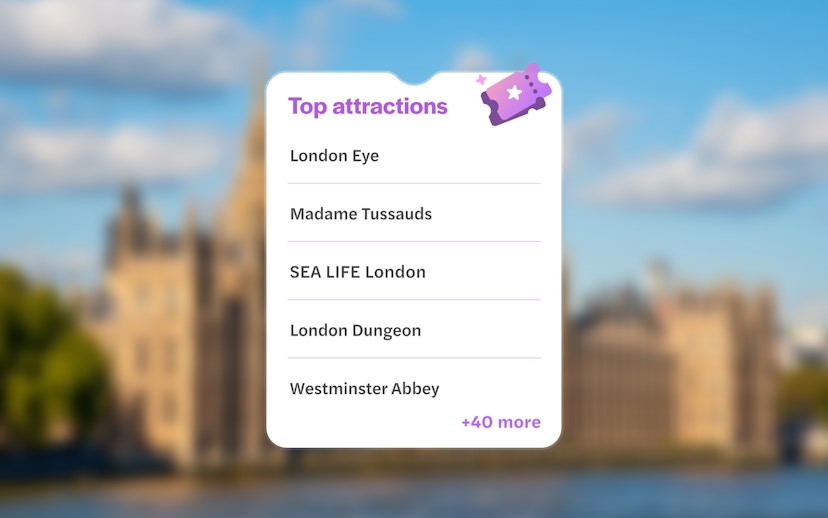 Top attractions list with blurred Houses of Parliament and Big Ben by the River Thames in London, UK.