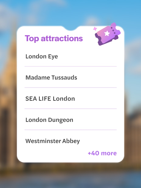 Top attractions list with blurred Houses of Parliament and Big Ben by the River Thames in London, UK.