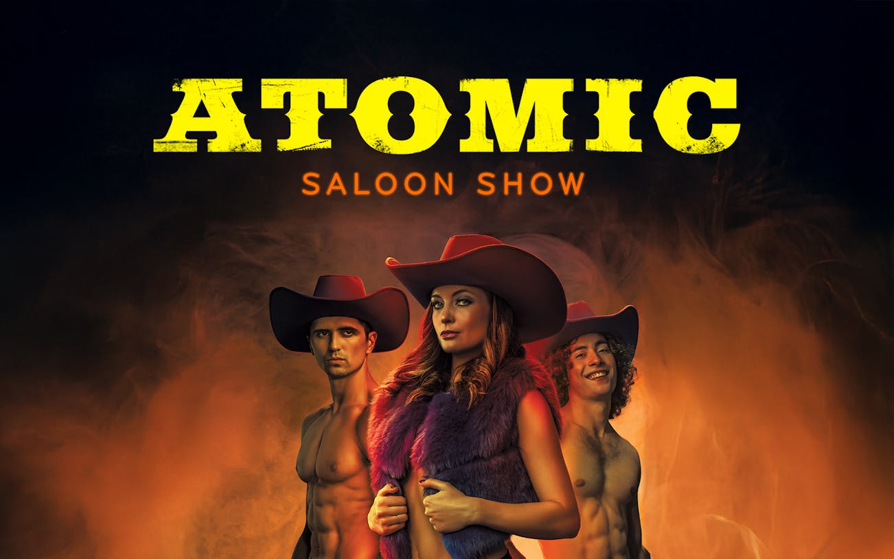 Performers in cowboy hats promoting the Atomic Saloon Show.