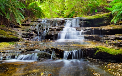 Waterfall at Leura Cascades, Blue Mountains, surrounded by lush greenery.
