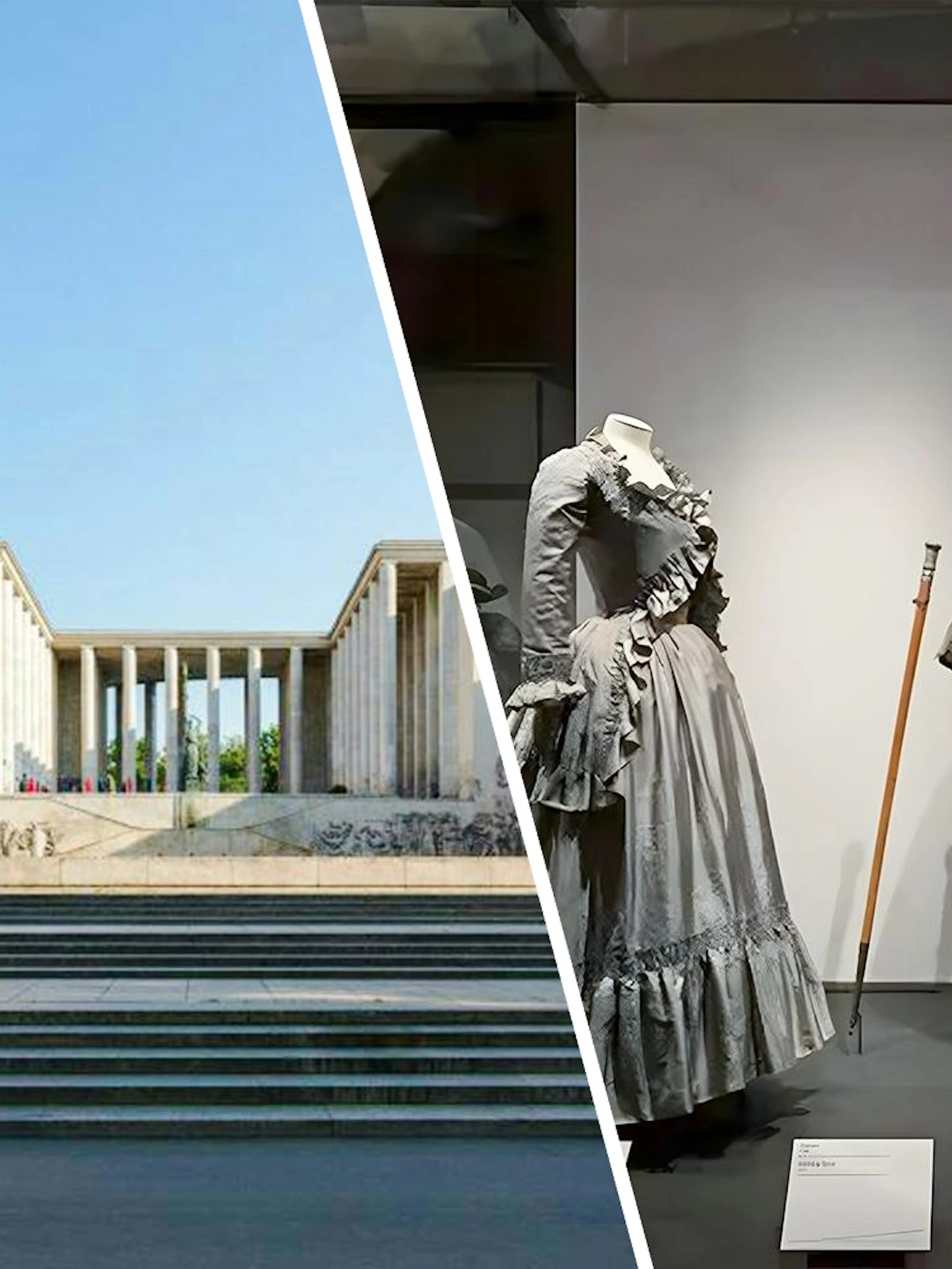 Palais de Tokyo exterior and historical costumes exhibit in Paris.