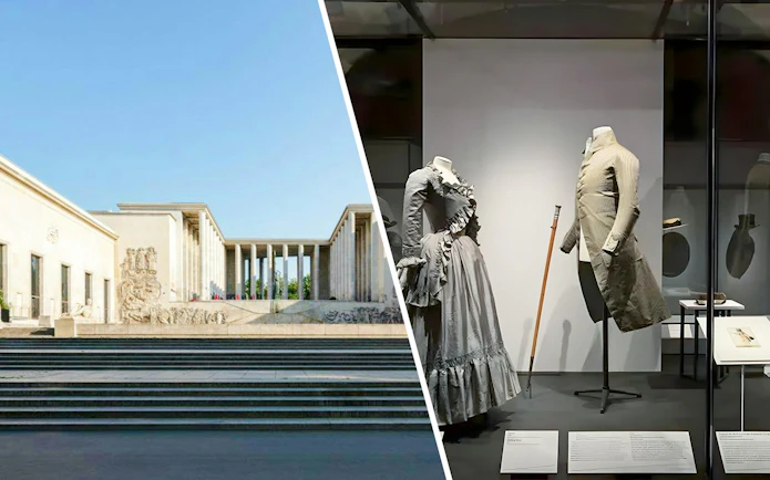 Palais de Tokyo exterior and historical costumes exhibit in Paris.