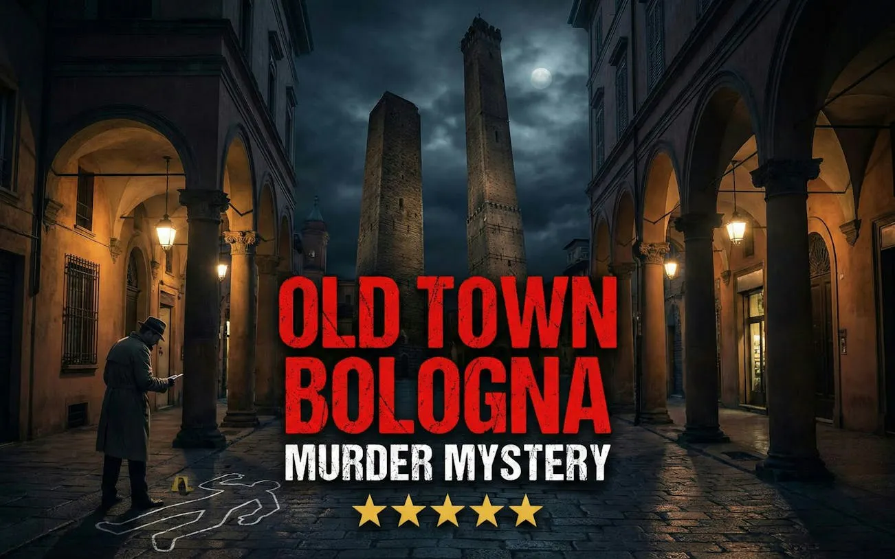 Detective in Bologna's old town at night for self-guided murder mystery game.