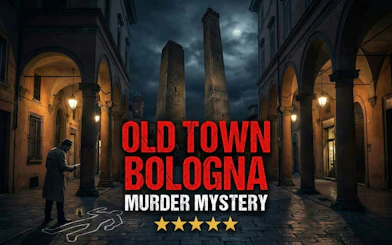 Detective in Bologna's old town at night for self-guided murder mystery game.