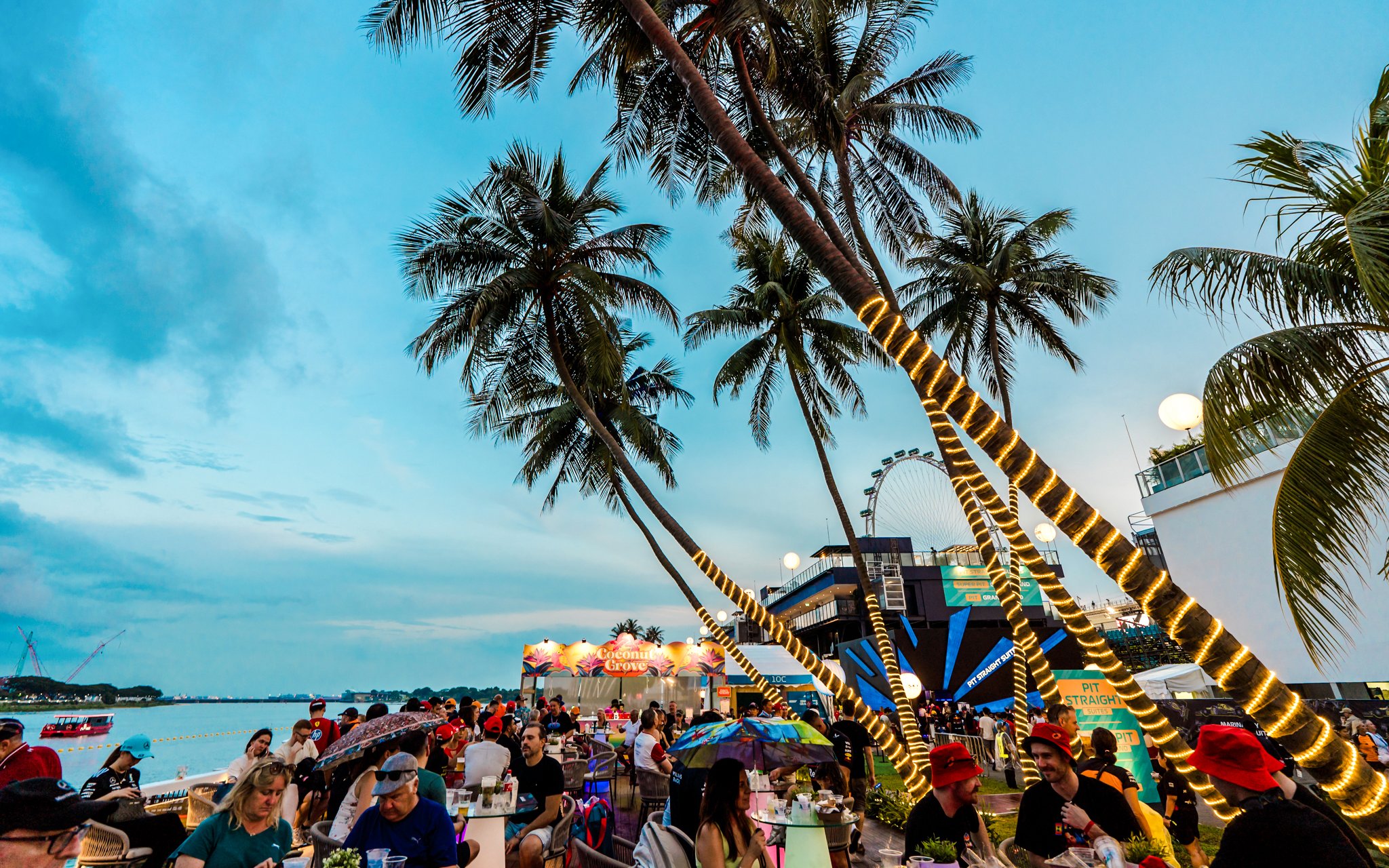 People enjoying drinks at Coconut Grove with palm trees and a Ferris wheel in the background.