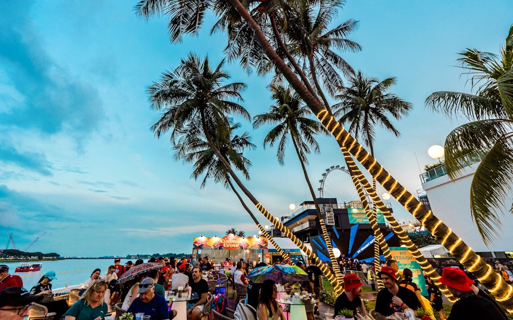 People enjoying drinks at Coconut Grove with palm trees and a Ferris wheel in the background.