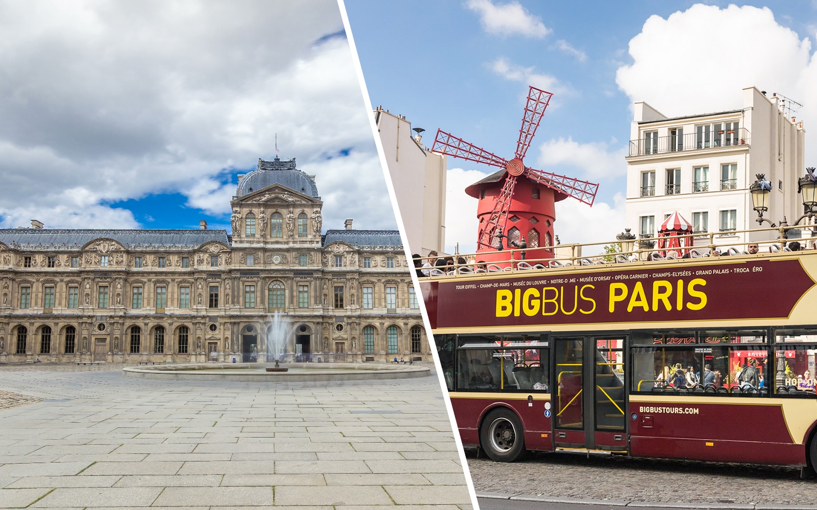 Louvre Museum courtyard with fountain and Big Bus Paris tour near Moulin Rouge.