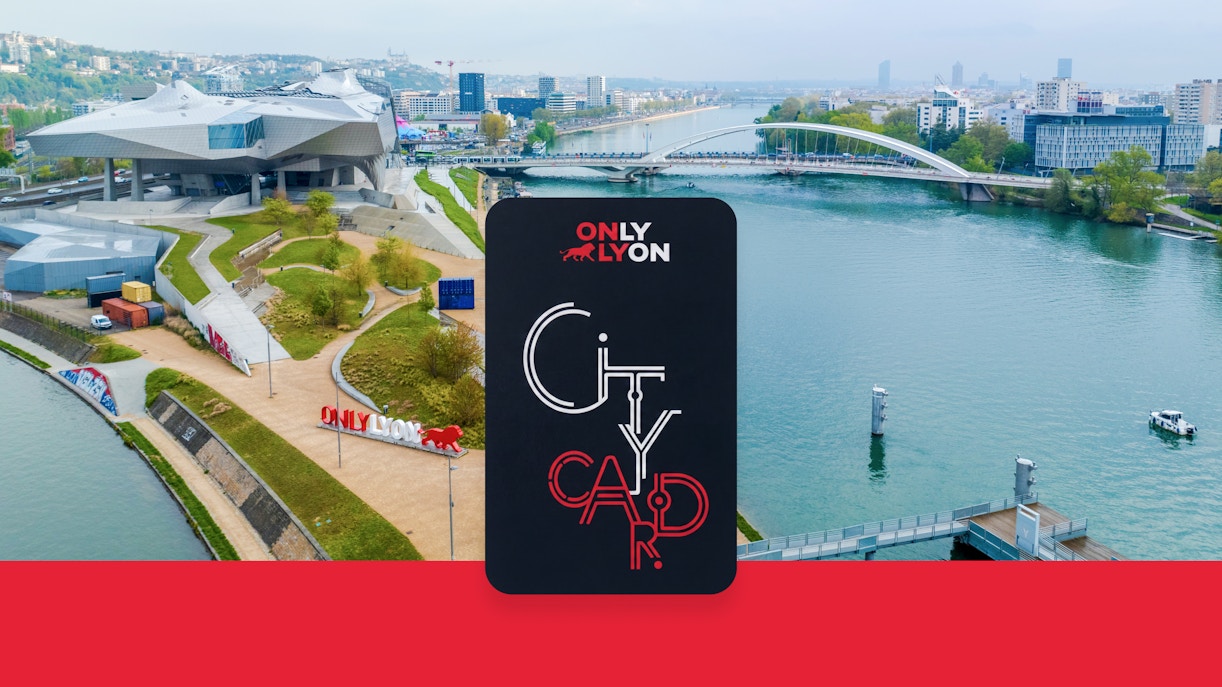 Musée des Confluences in Lyon with city card and river view.