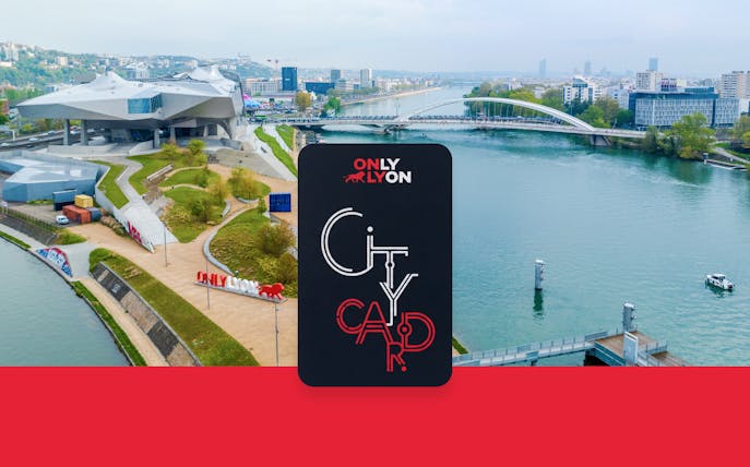 Musée des Confluences in Lyon with city card and river view.