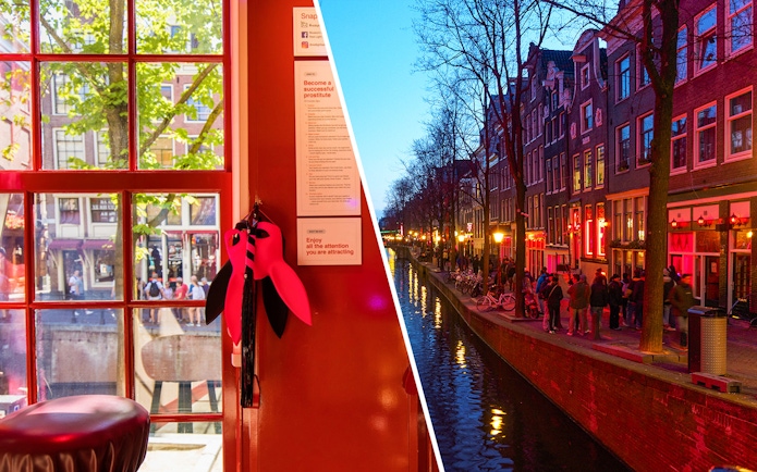 Red Light Secrets Museum interior and Amsterdam's Red Light District canal at dusk.