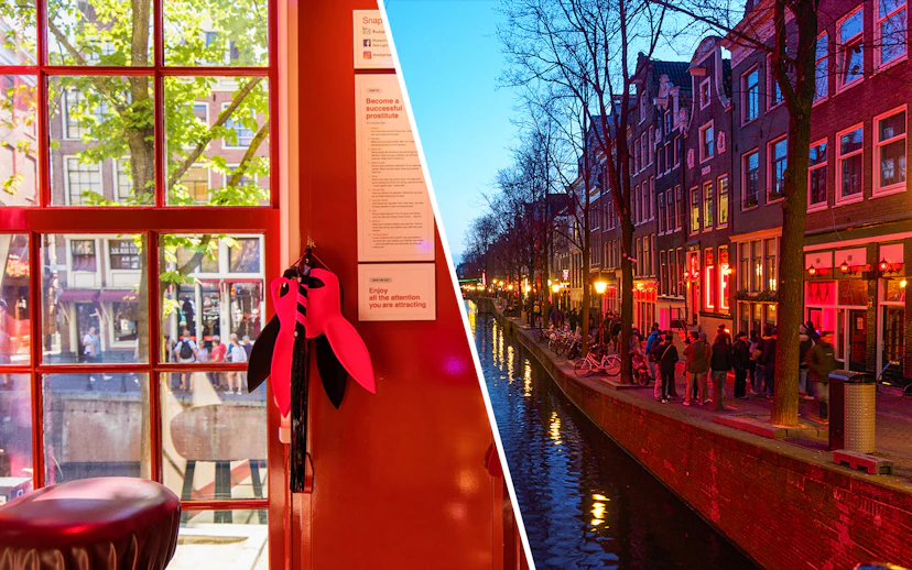 Red Light Secrets Museum interior and Amsterdam's Red Light District canal at dusk.
