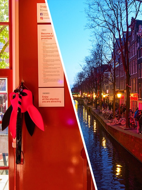 Red Light Secrets Museum interior and Amsterdam's Red Light District canal at dusk.