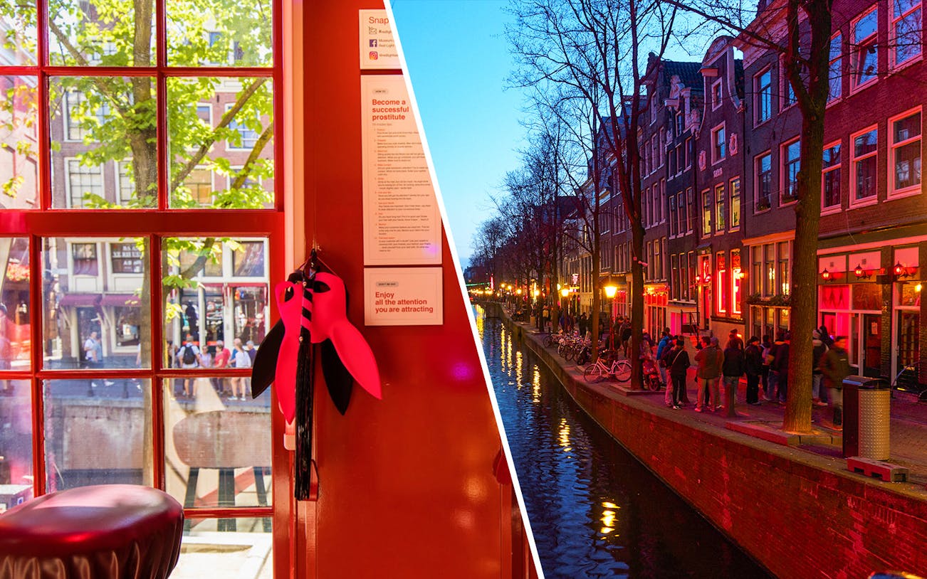 Red Light Secrets Museum interior and Amsterdam's Red Light District canal at dusk.