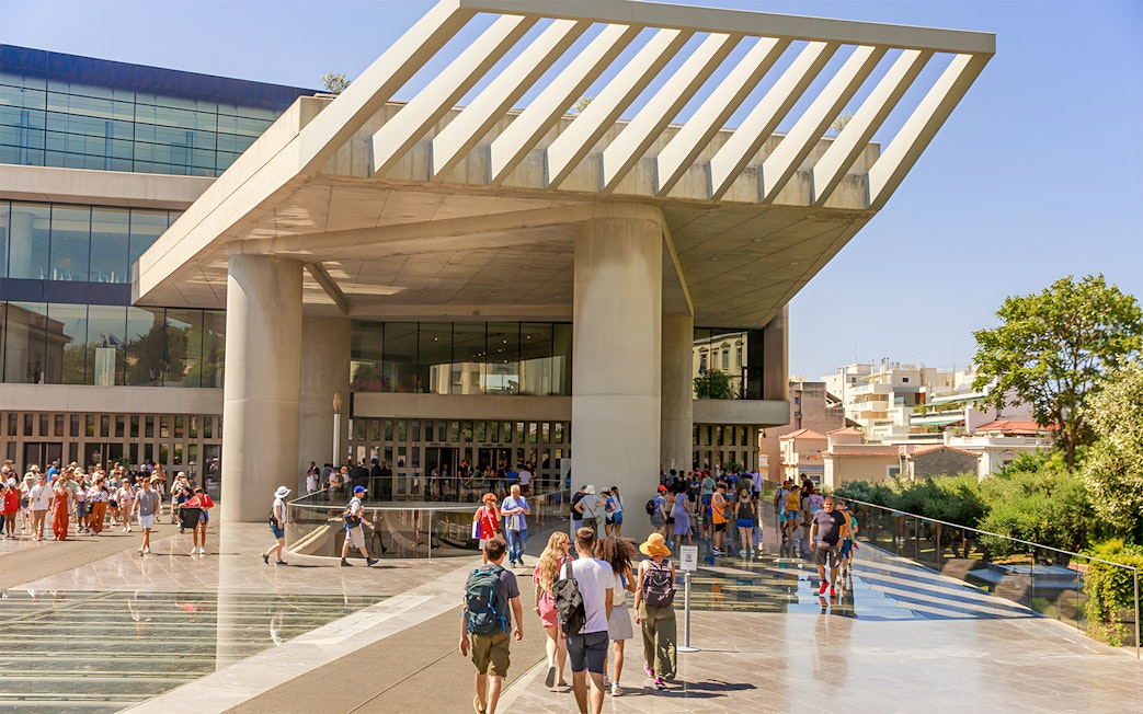 Visitors entering the Acropolis Museum in Athens, Greece.