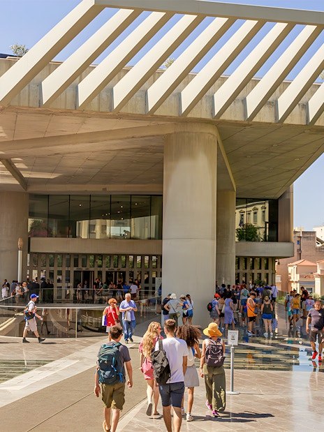 Visitors entering the Acropolis Museum in Athens, Greece.