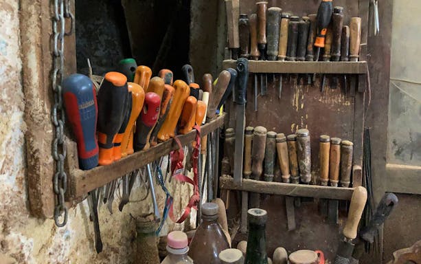 Tools and equipment in an Ortigia ancient craft workshop.