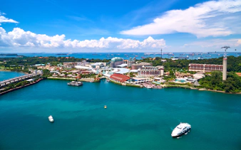 Aerial view of Sentosa Island, Singapore, featuring resorts and waterfront.