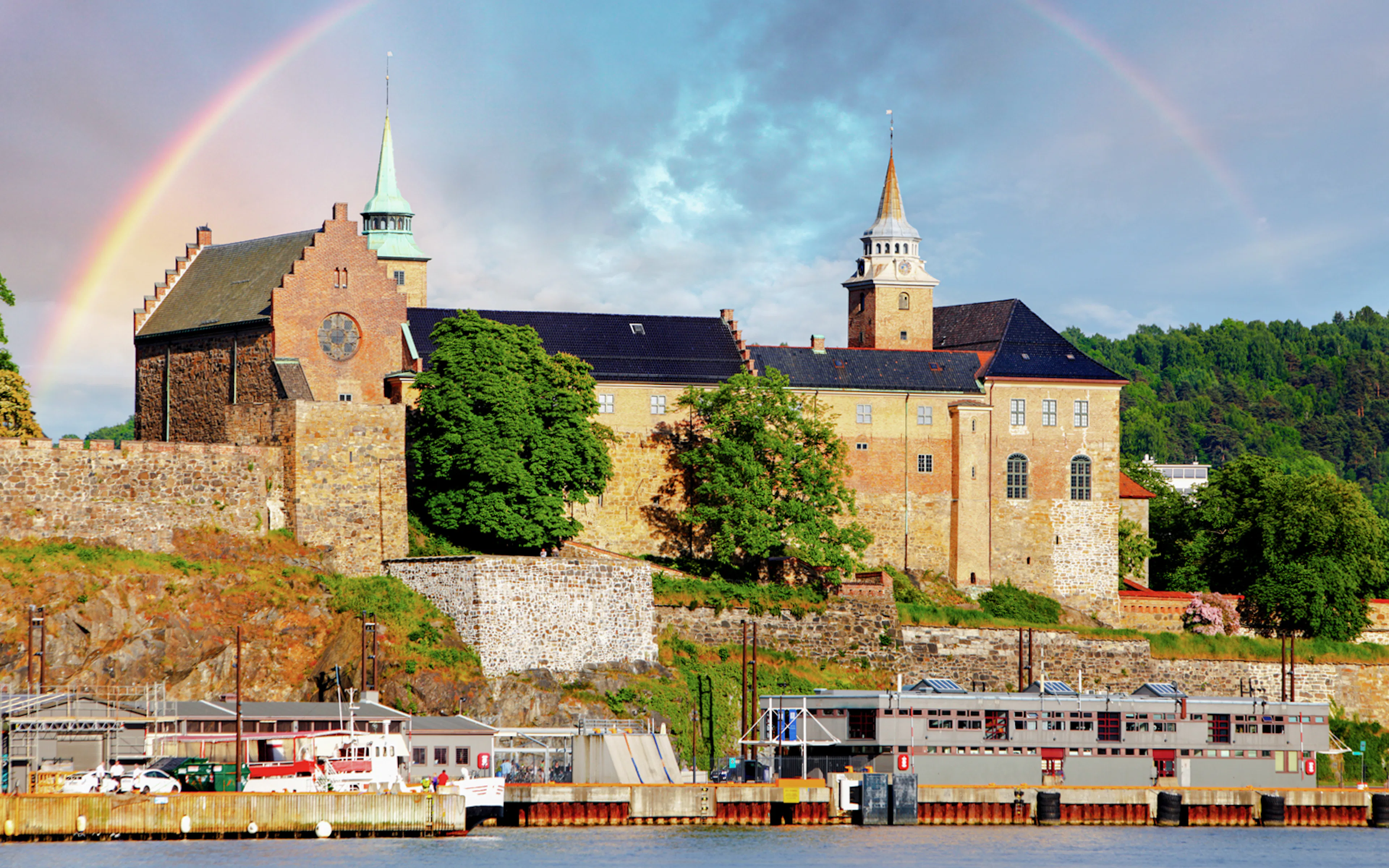 Akershus Fortress viewed from Oslo Fjord during a sightseeing cruise.