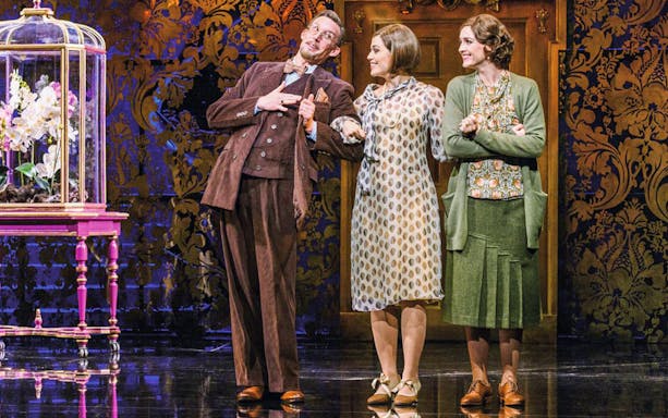 Actors performing in Rebecca the musical, Vienna stage scene with ornate backdrop.