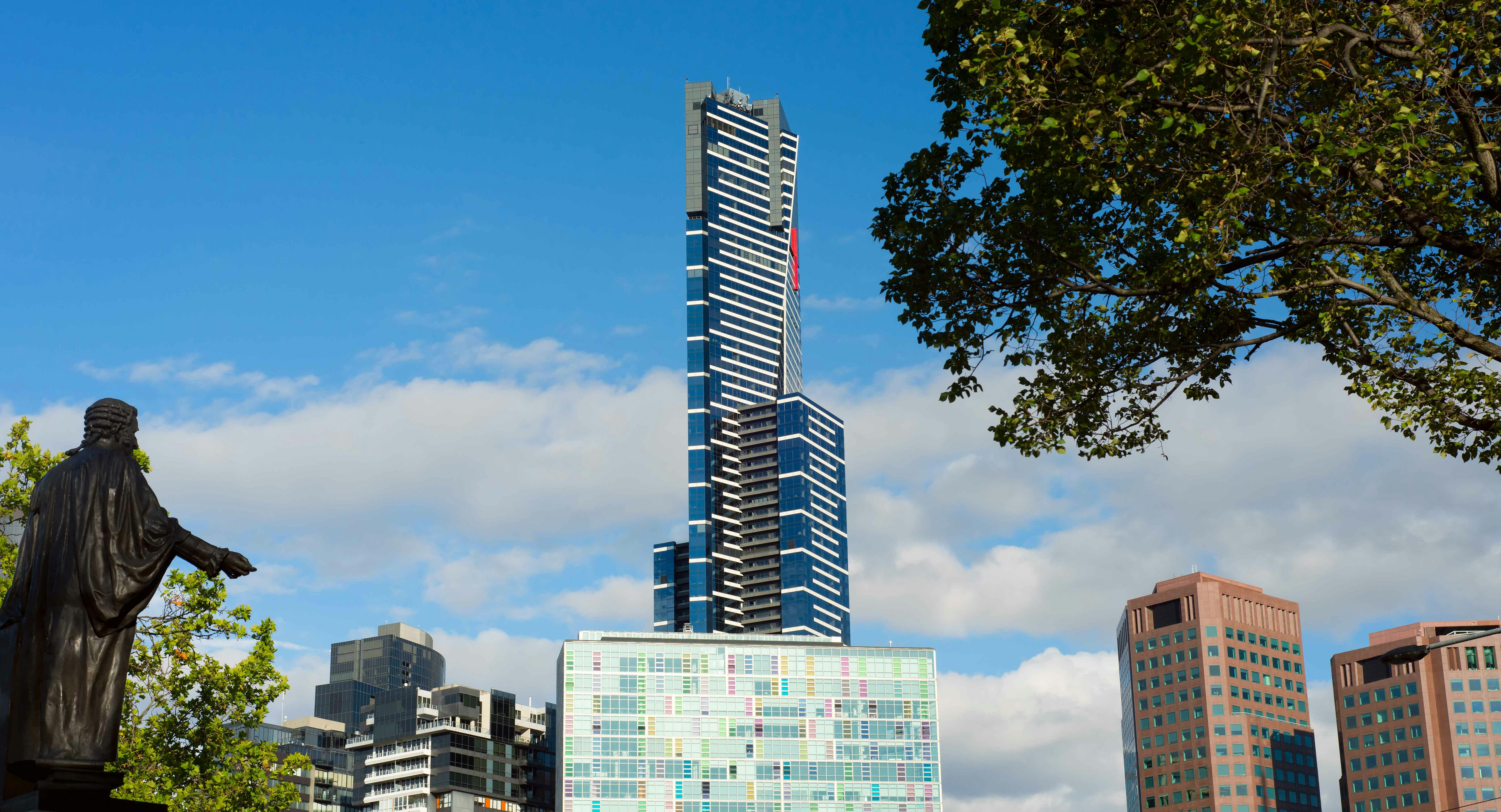 Eureka Tower in Melbourne with surrounding cityscape and trees.
