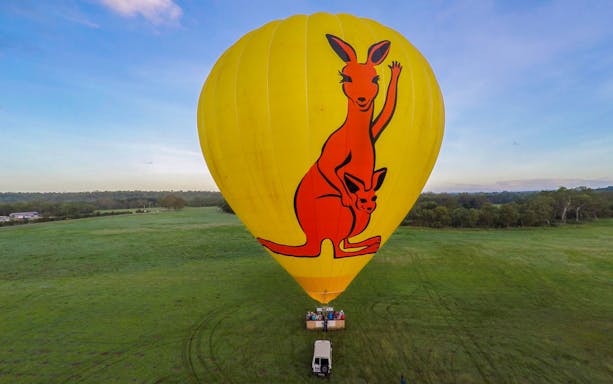 Hot air balloon with kangaroo design preparing for flight in Cairns, Australia.