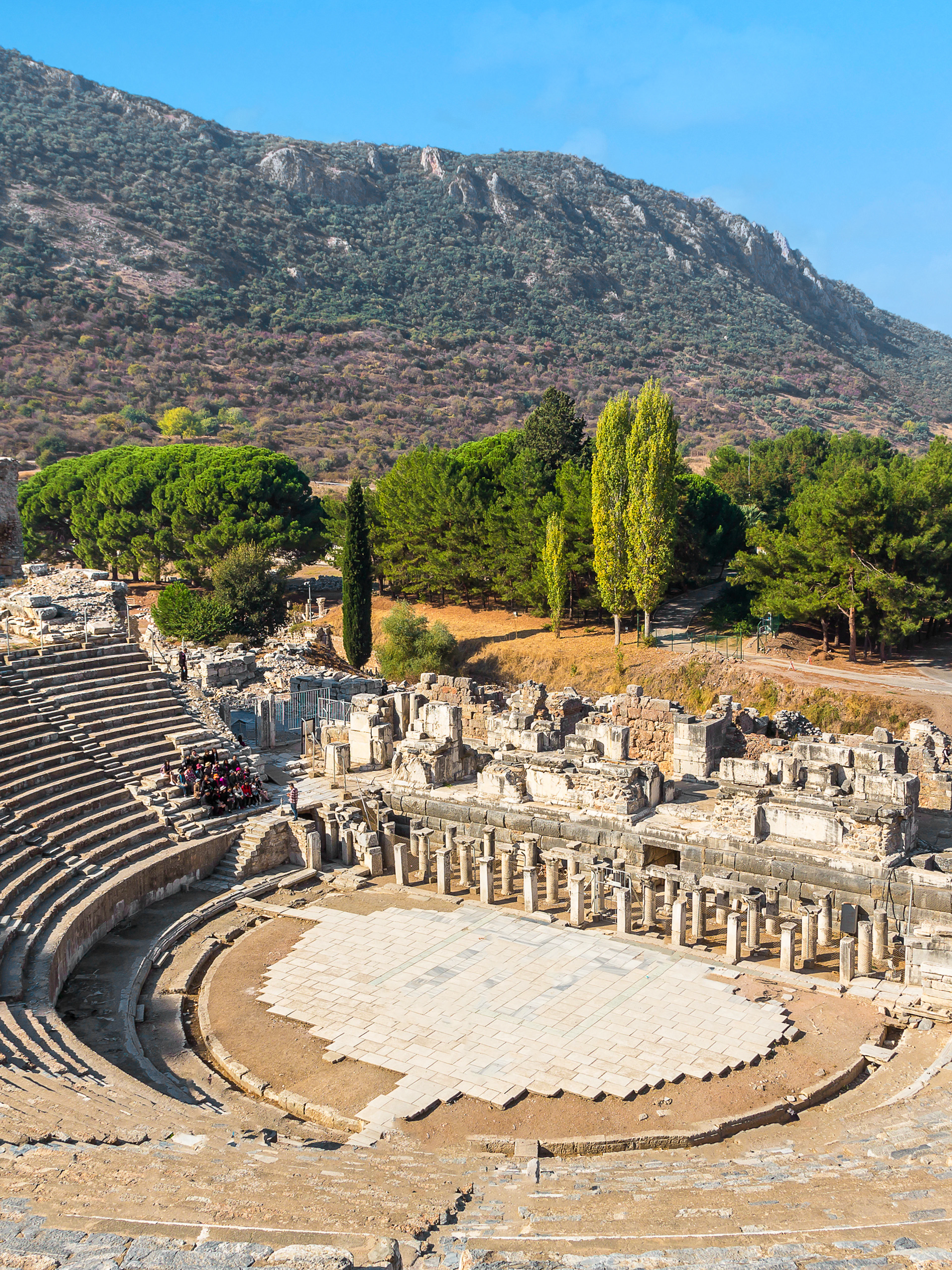 Ancient theater ruins in Ephesus, Turkey, with surrounding landscape.