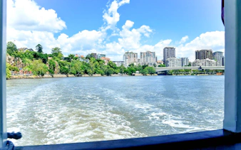 Brisbane River with city skyline and bridge viewed from a sightseeing cruise.
