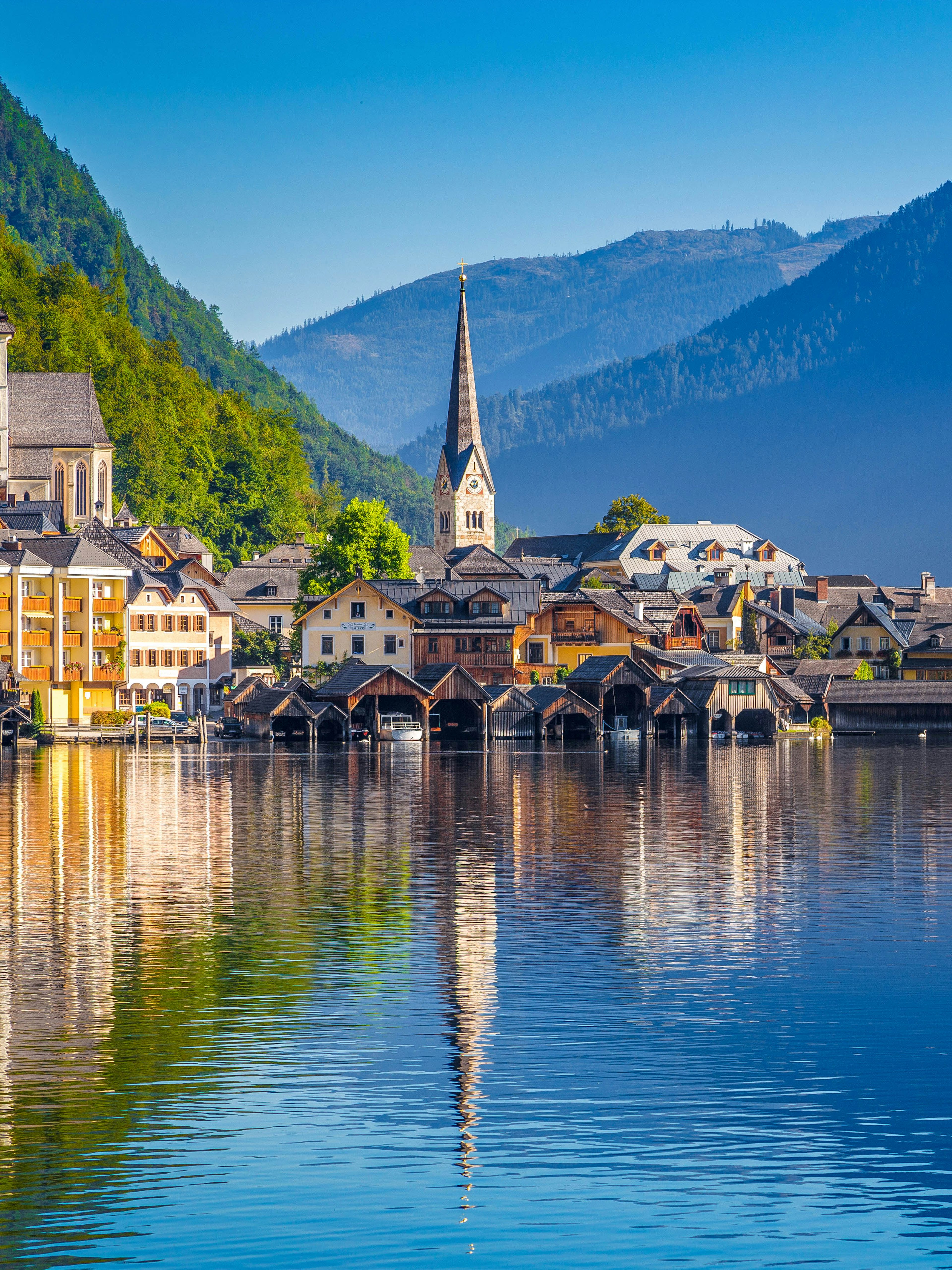 Hallstatt village by the lake with church and mountains near Vienna.
